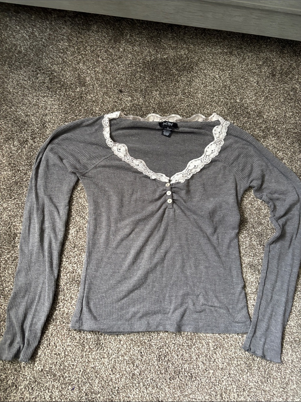Just Polly Gray Ribbed Long Sleeve Top with Cream Lace Trim